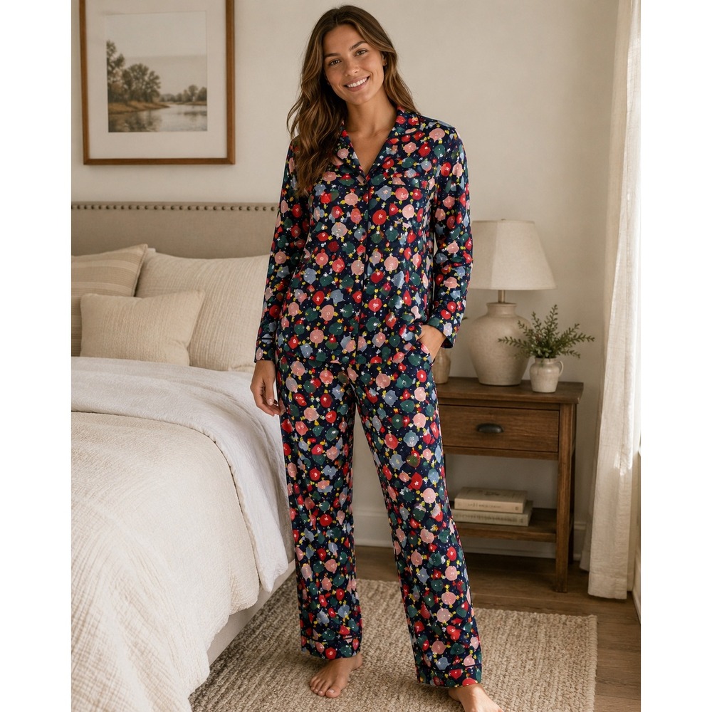 Hanna Andersson Pajama Set Blue Flannel Holiday Ornament Print M